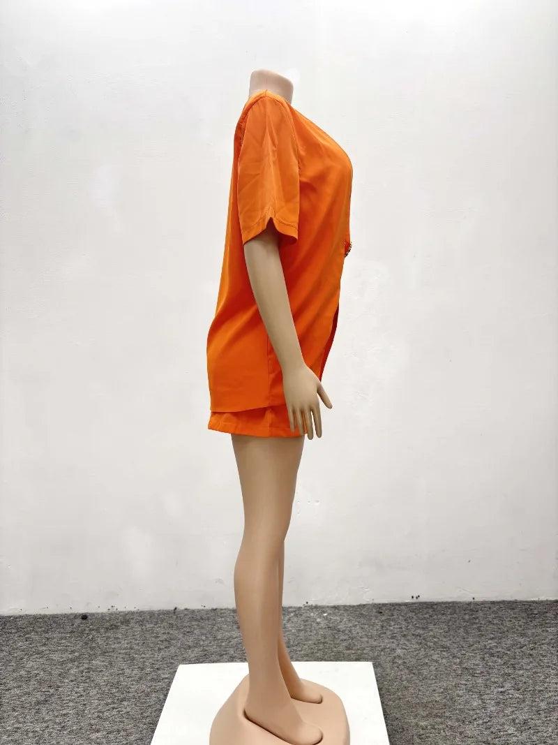 Women's African Style 2 Piece Set Sexy Summer Orange Deep V Neck Blazer & High Waist Shorts Elegant Party Club Outfits