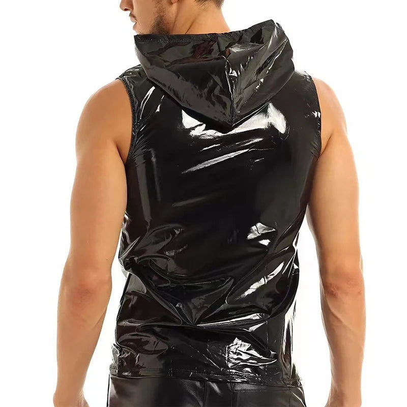 Men PVC Hoodies Tank Tops PU Leather Zipper Sleeveless Latex Hooded Shirts Vest Sexy Party Clubwear Fitness T-shirts Streetwear