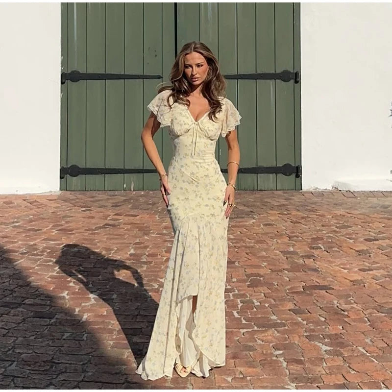 Women Elegant Printed Fishtail Dress Sexy V-neck Short Sleeve Waist-cinching Pleated Slim Maxi Dresses 2026 Lady Vacation Robe