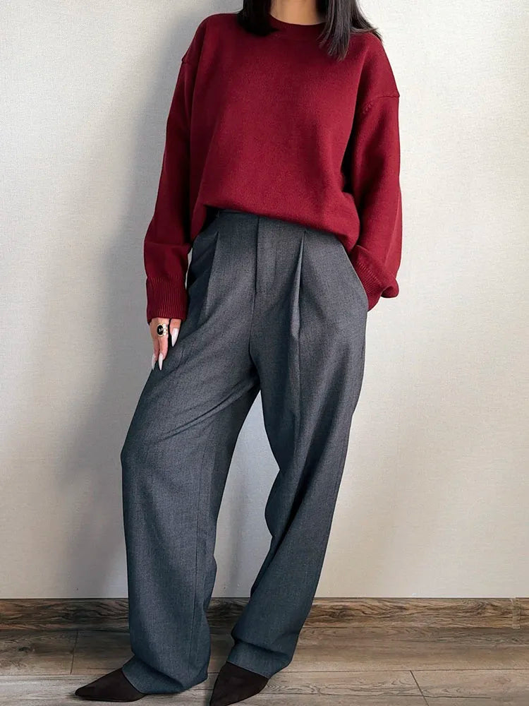 Oversize Burgundy Womens O Neck Knitwear Sweater Warm Winter Pullover