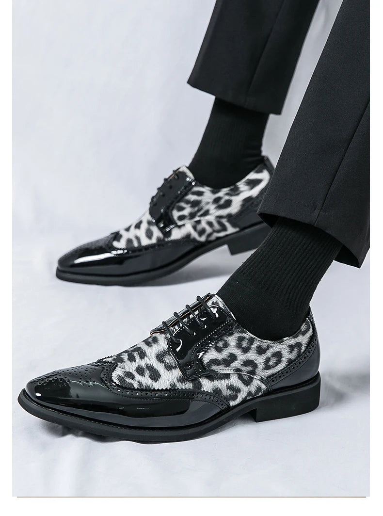 2025 Fashion Leopard Dress Shoes Man Pointed-Toe Lace-up Luxury Man Comfortable Leather Shoes For Men Plus Size 48 Oxford shoes