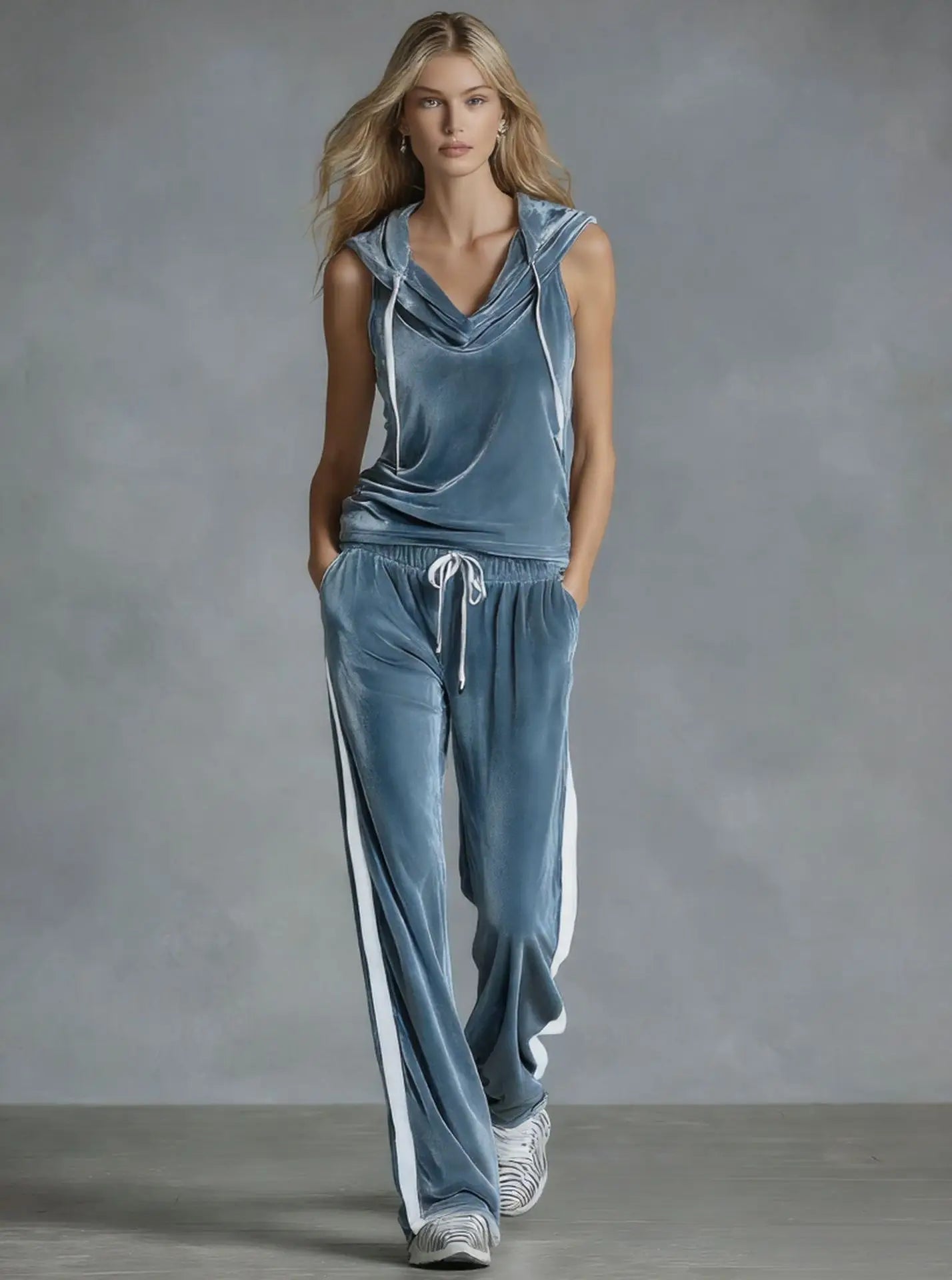 Casual Summer Trousers Set Fashionable Solid Color Loose Gold Velvet Sleeveless Hooded Top Lace-up Trousers Sports Two-piece Set