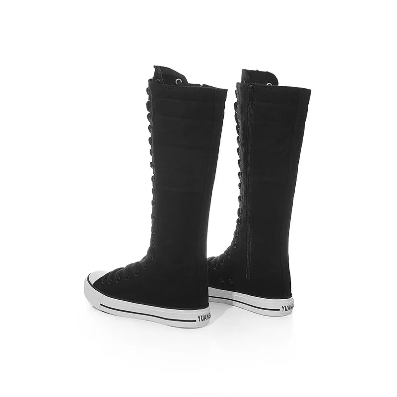New Women's Canvas Boots Zip Shoes Comfortable Womens Shoes Flat High-top Female Sneakers Lace-up Knee-high Boots Bota Feminina
