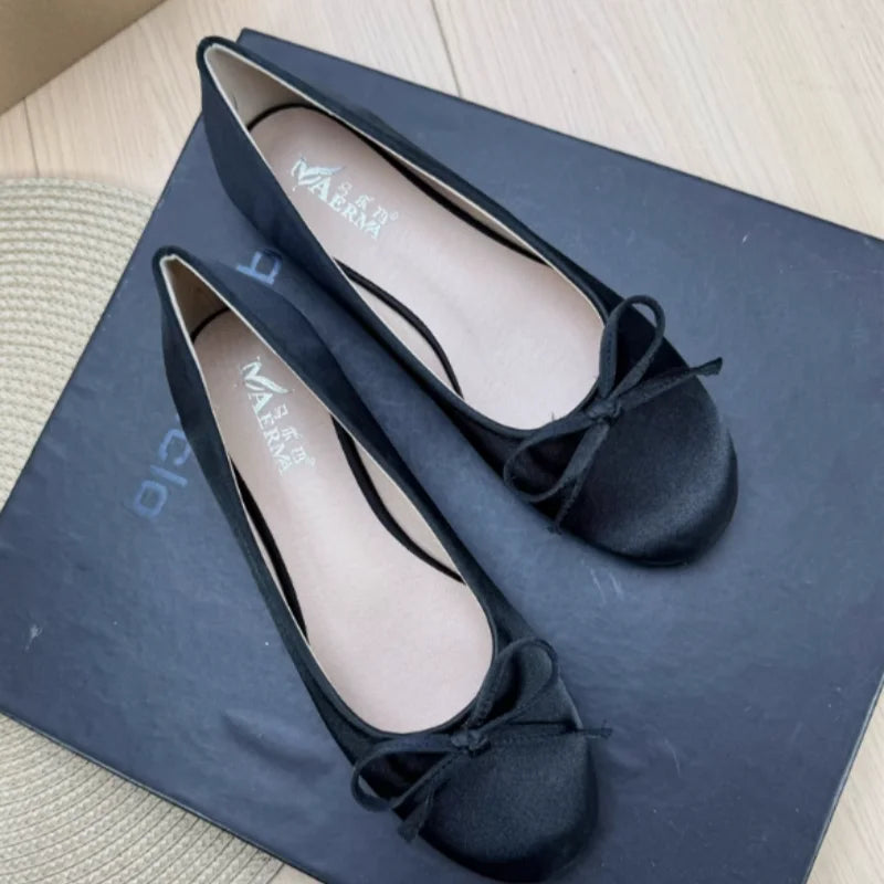 Women Plus Sizes 48 47 33 Dough Shoes With Knot Wide Fitting Round Toe Silk Stain Slip-On Pinkish Gold Blue Footwear Hand-Made