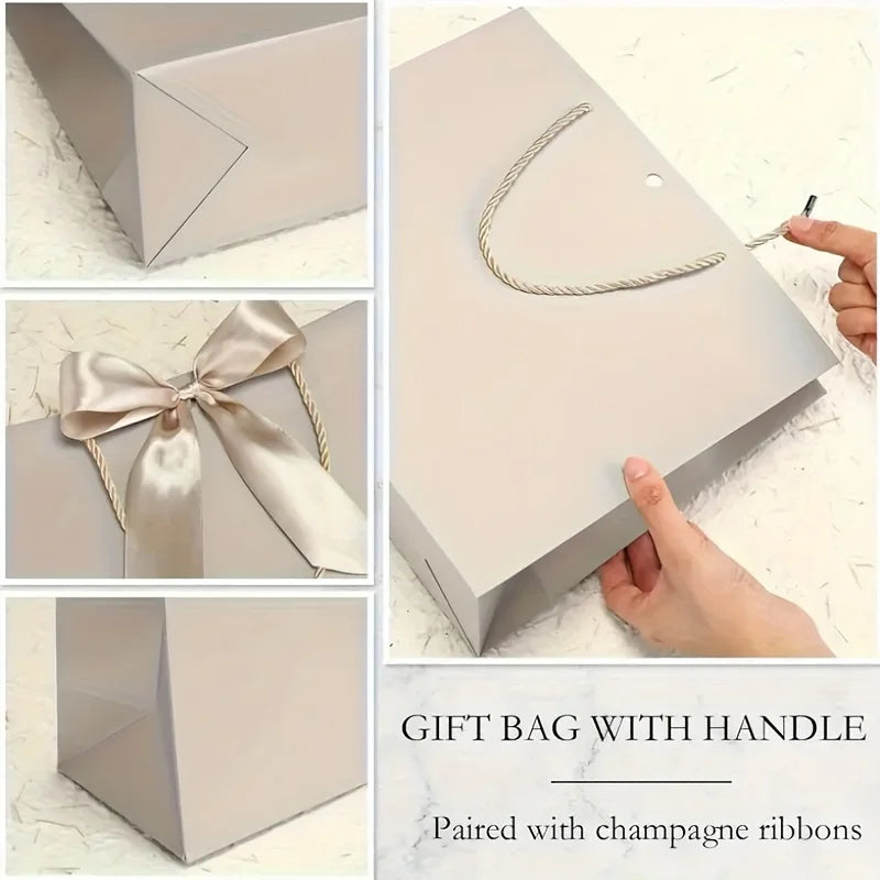 10pcs (5 Bags + 5 Ribbons) Elegant Beige Thank You Gift Bags, Paper Gift Bags, Shopping Bags with Golden Bows - Foldable