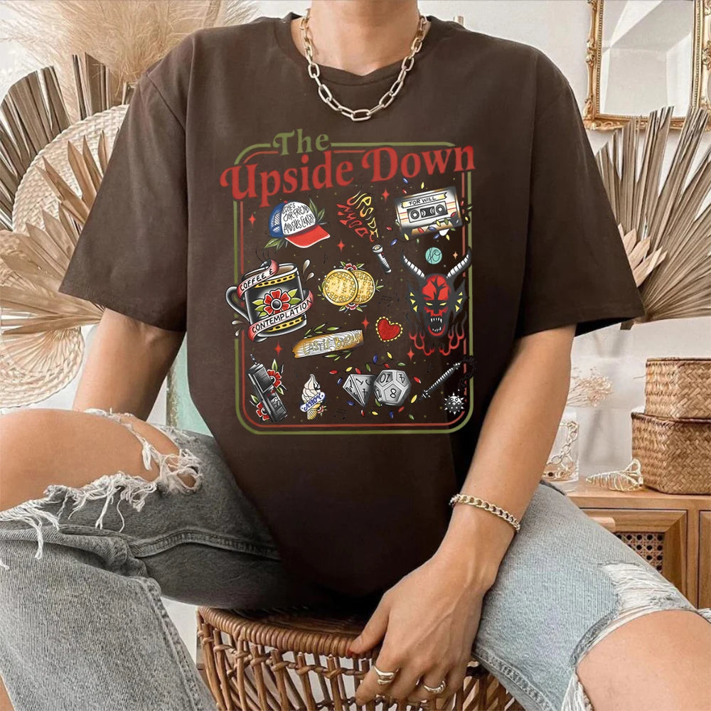 The Upside Down T-shirt Funny Women Men Hawkins Clipart Graphic Tee Stranger ST5 Inspired Demogorgon Shirts Trendy Gothic Tops