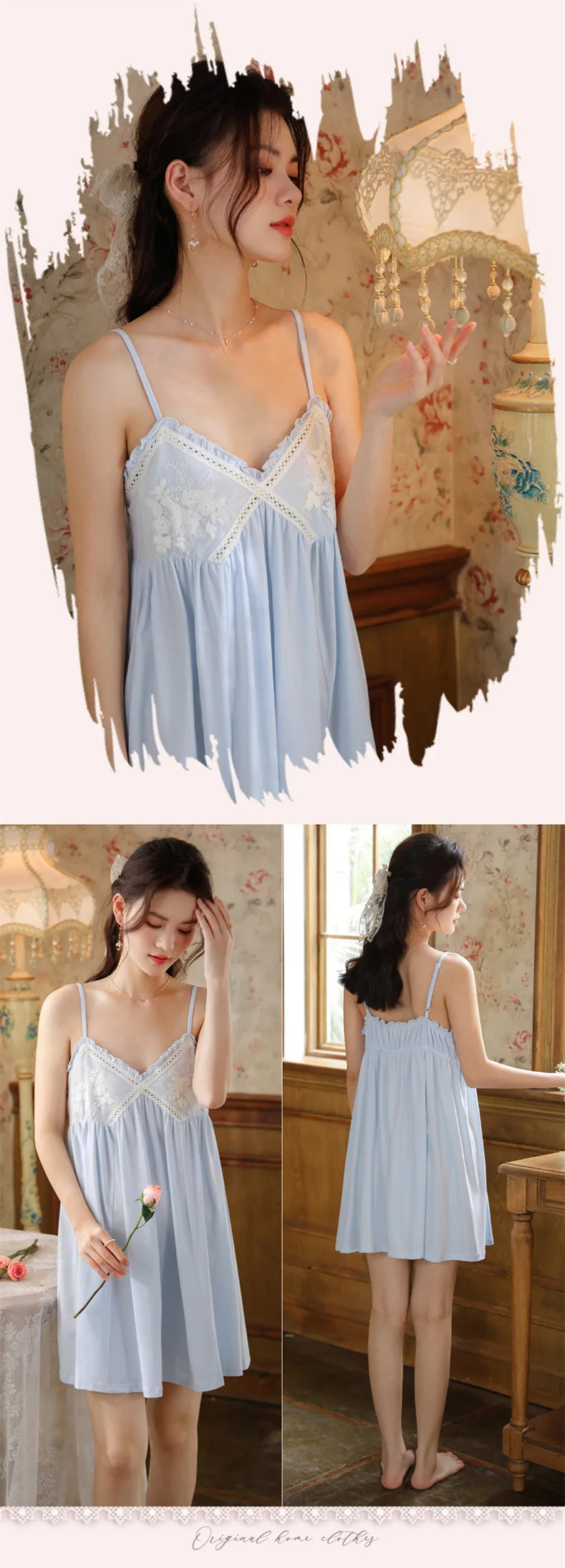 Summer New Sweet Palace Embroidered Lace Knitted Cotton Small Sexy Sling Lace Nightdress Princess Pajamas