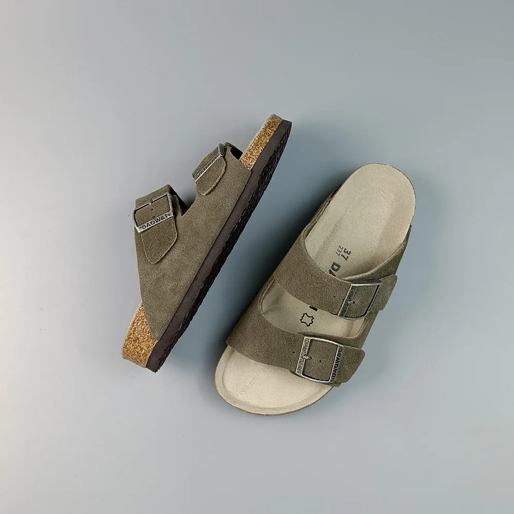 Genuine Leather Men Women Cow Suede Slippers Boy Girl Beach Slides Classic Cork Footbed Women Sandals  With Orthopedic Diabetic