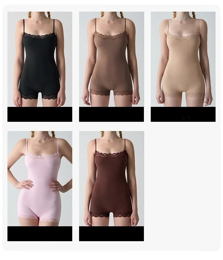 Square Neck Spaghetti Strap Bodysuits Lace Trim Women Sleeveless Slimming Bodycon Jumpsuit Romper