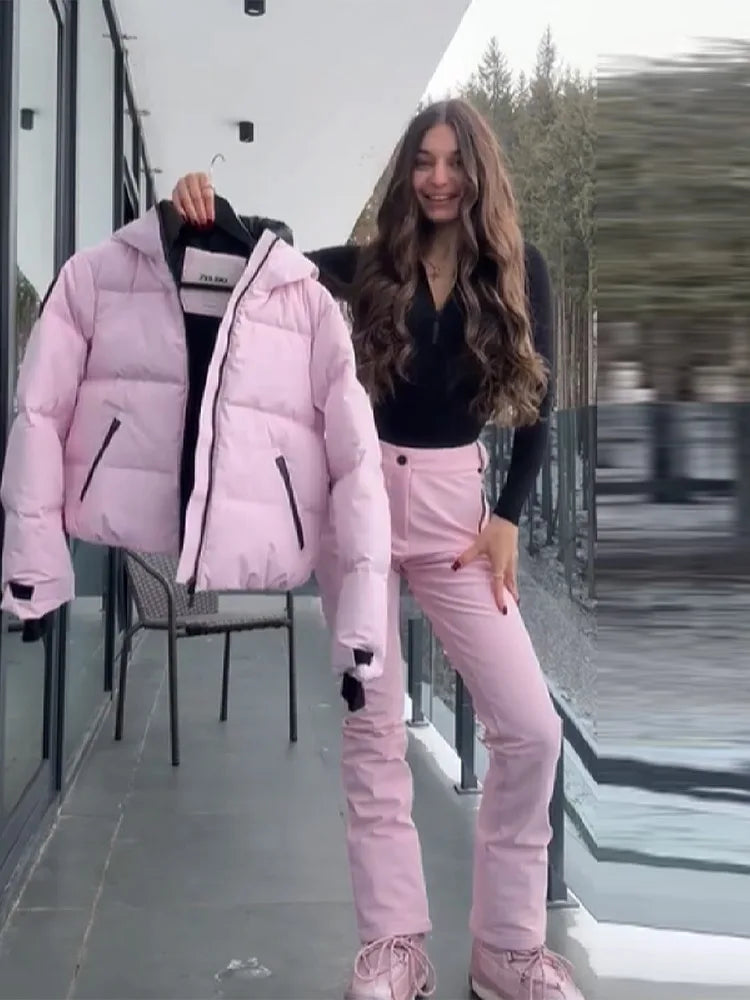 Women Hooded Zipper Short Skiing Cotton Jacket Long Sleeved Thick Warm Coat Comfortable Long Sports Pant 2025 New Lady Sport Set