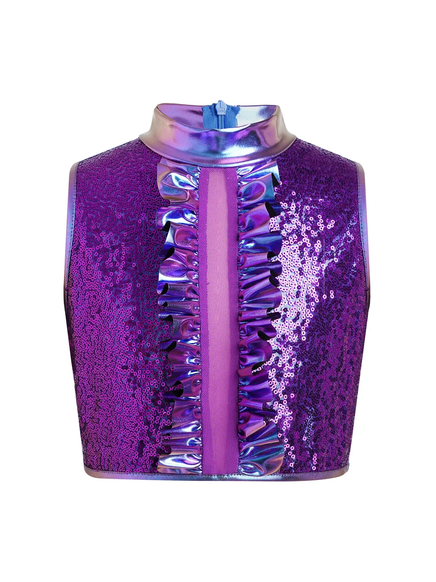 Kids Girls Disco Jazz Hip Hop Dance Outfit Sleeveless Shiny Sequin Ruffle Crop Top with Metallic Pants School Show Party Costume