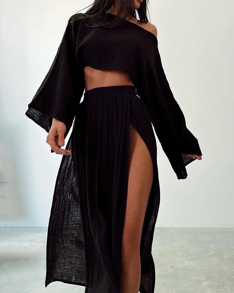 Casual Holiday Style Simple Solid Color Skirt Set Linen Blended Short Top High Waist Chic Split Cotton Linen Two-piece Set
