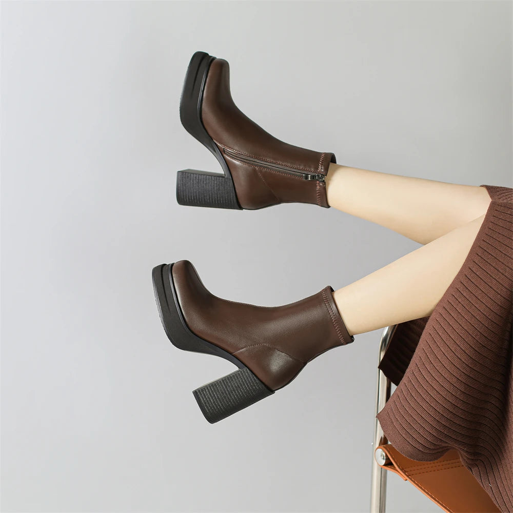 2025 NEW Brand Women Autumn Winter Boots Sexy High Heels Platform Black Brown Side Zip Shoes Woman Ankle Boots Size 33-41
