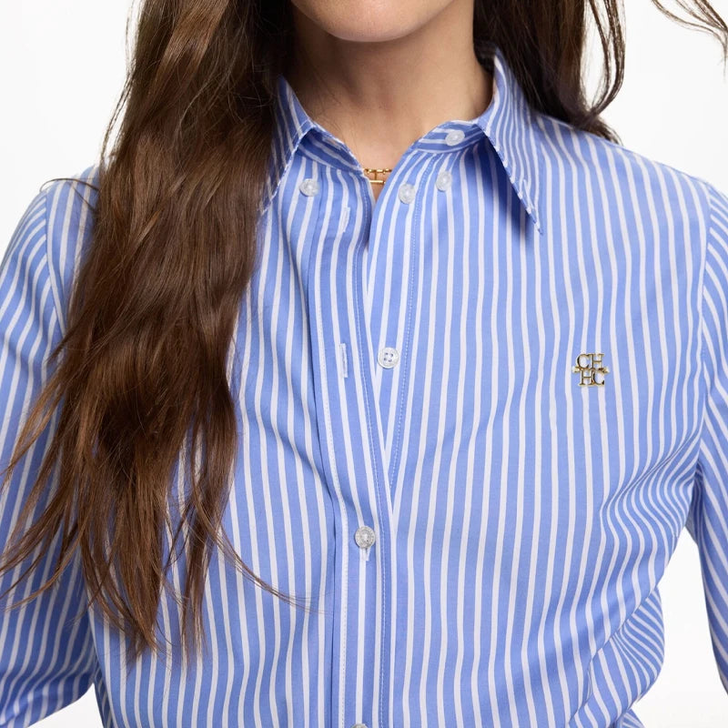 CH Women's casual cotton blouse with stripes and embroidered collar-long-sleeved streetwear, simple office top.