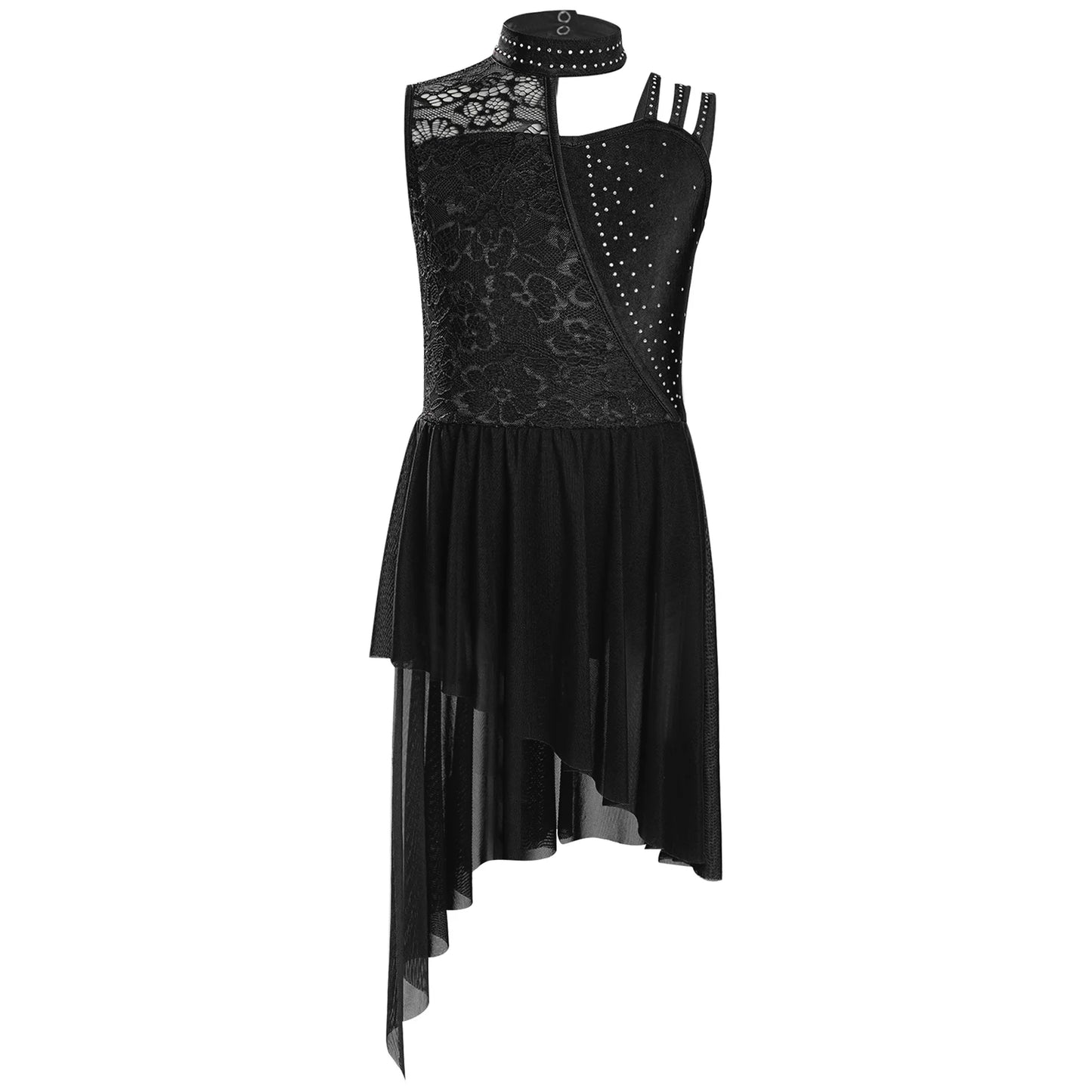 Kids Girls Ballet Lyrical Dance Dress Sleeveless Modern Contemporary Dancewear Floral Lace Rhinestones Gymnastics Leotard Dress