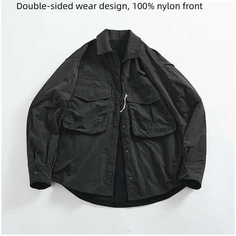 Reversible A+B fabric outdoor functional cargo jacket men's loose pocket lapel retro American casual jacket