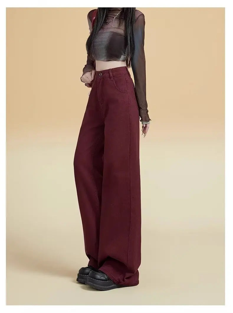Women's Street Style Wide Leg Red Jeans American Vintage Casual Denim Trousers Female High Waist Loose Straight Pants
