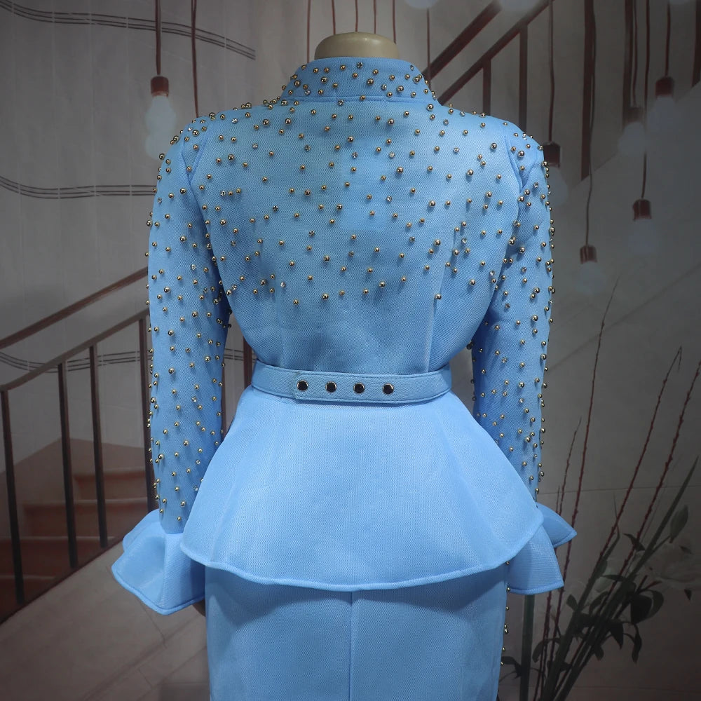 Fashion Suit African Dresses for Woman Rhinestone Turkey Dresses for Women Luxury High Quality Mesh Fabric African Beaded Dress