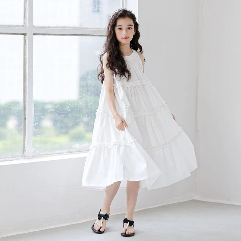 Fashion Korean Children's Clothes 2025 Elegant Dress For Girls Casual Dresses White Sleeveless Summer Dress Loose Girl Outfits