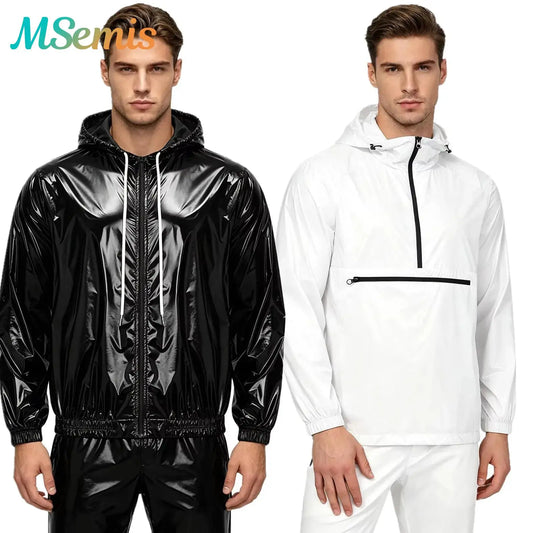 Men Shiny Glossy Hooded Jacket Windbreaker Raincoat for Hiking Fishing Biking Long Sleeve Front Zip-up Drawstring Hood Outerwear