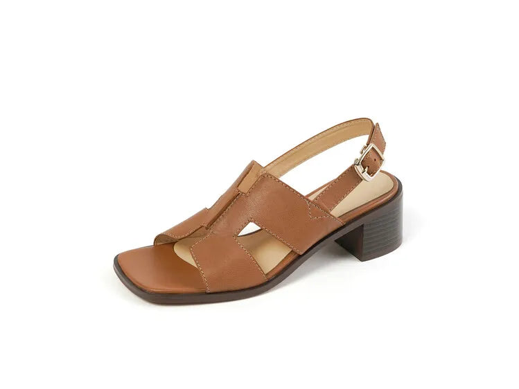 2025 Summer Women Shoes Square Toe Chunky Heel Women Sandals High Heels Ladies Shoes Casual Leather Shoes Women Genuine Leather