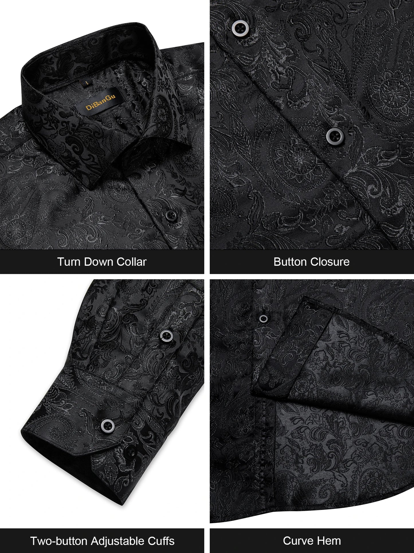 Men's Long Sleeve Black Paisley Silk Dress Shirts Casual Tuxedo Social Shirt Luxury Designer Men Clothing