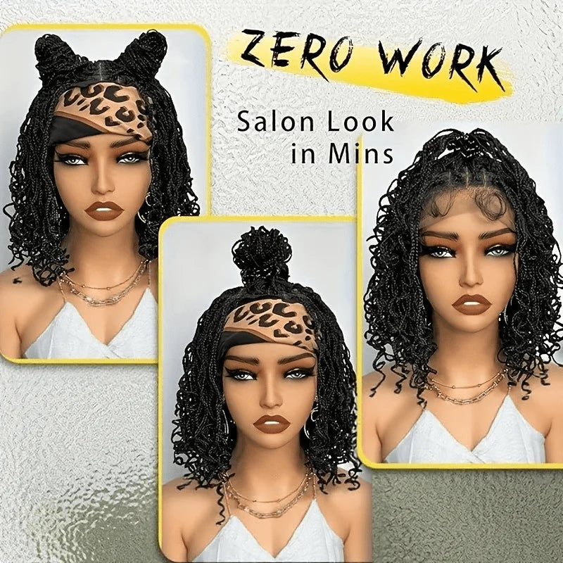 Synthetic Full Lace Front Braid Wig 14inch Curly Faux Locs Black Color Large Parting Space Twist Dreadlock Wigs for Black Women