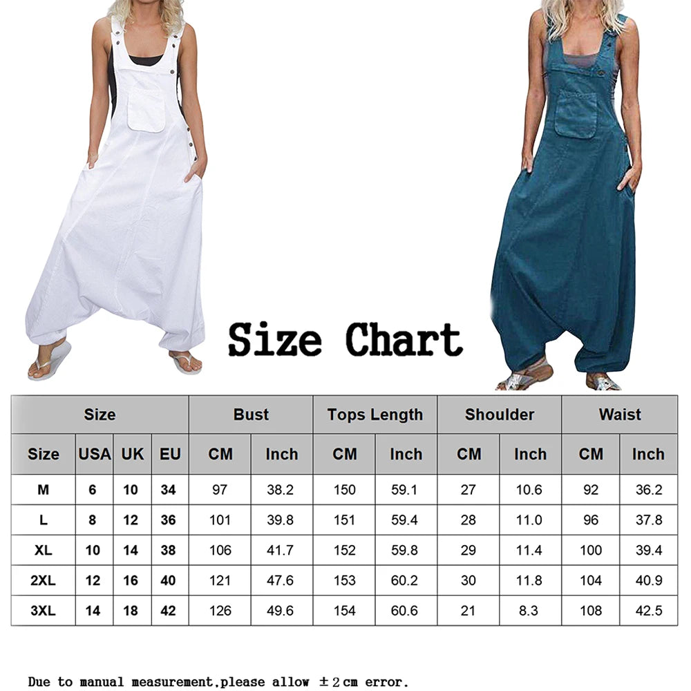 Women Summer Loose Thin Jumpsuits Harem Pants Wide Leg Pants Sleeveless Pockets Bib Jumpsuit Siamese Trousers Large Size S-5XL