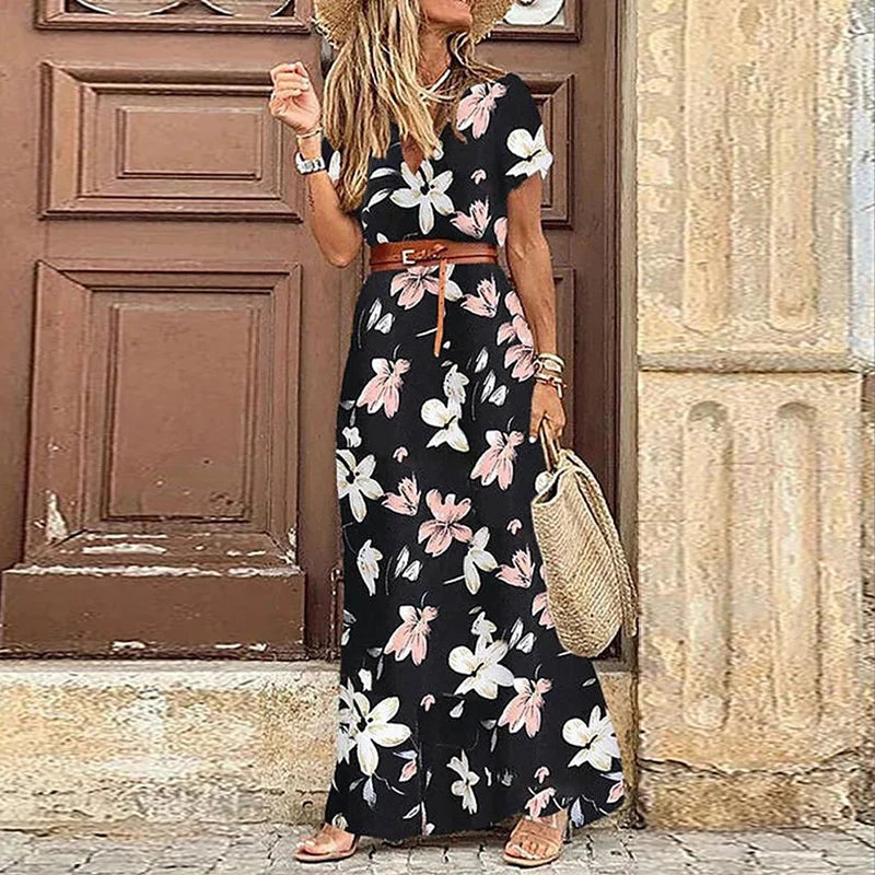 Women Summer Trend Holiday Dress Sexy Casual Elegant V-Neck High Slit Irregular Retro Vintage Print Slim With Belt Midi Dress
