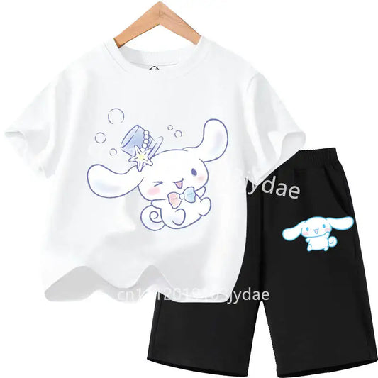 Summer Casual Clothing for 2-12 Year Boys Girls Shirt Suit Cute Cartoon Cinnamoroll Printed Kids T-Shirt Set Soft Comfortable
