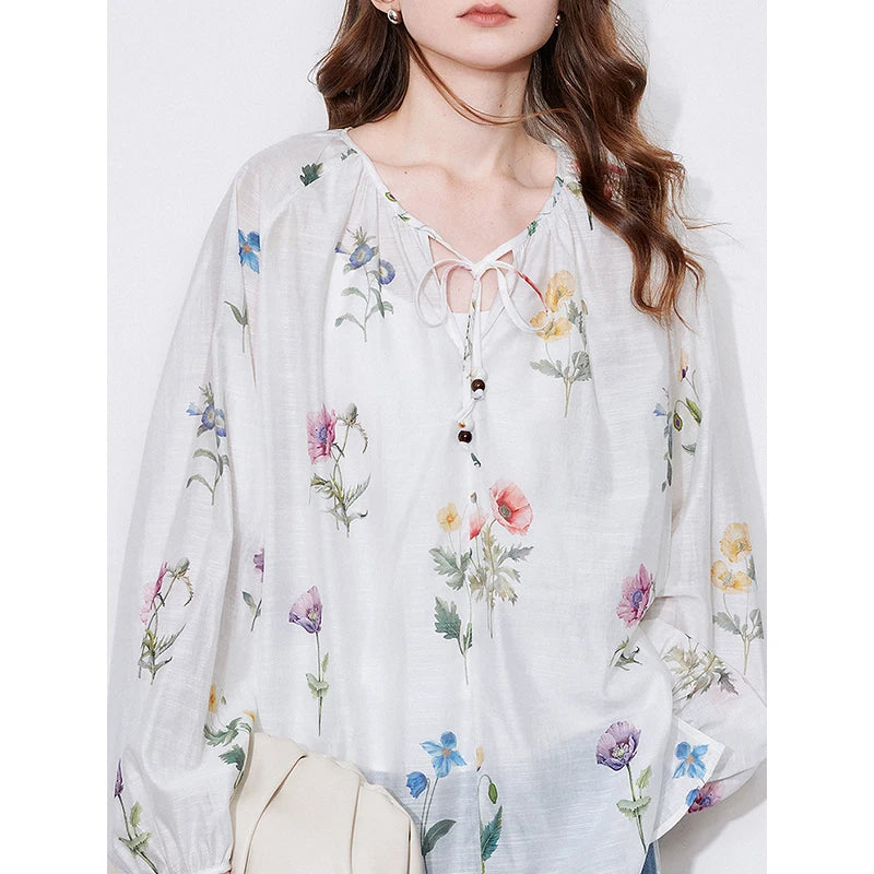 TOYOUTH Women Blouse Shirt 2025 Spring New Linen Floral Printed Velvet Casual Pullover Tops