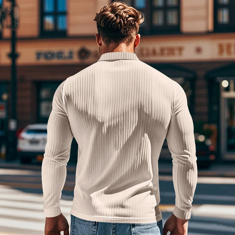 Cross-border autumn men's classic casual American lapel button-up long-sleeved T-shirt elastic pit strip polo shirt