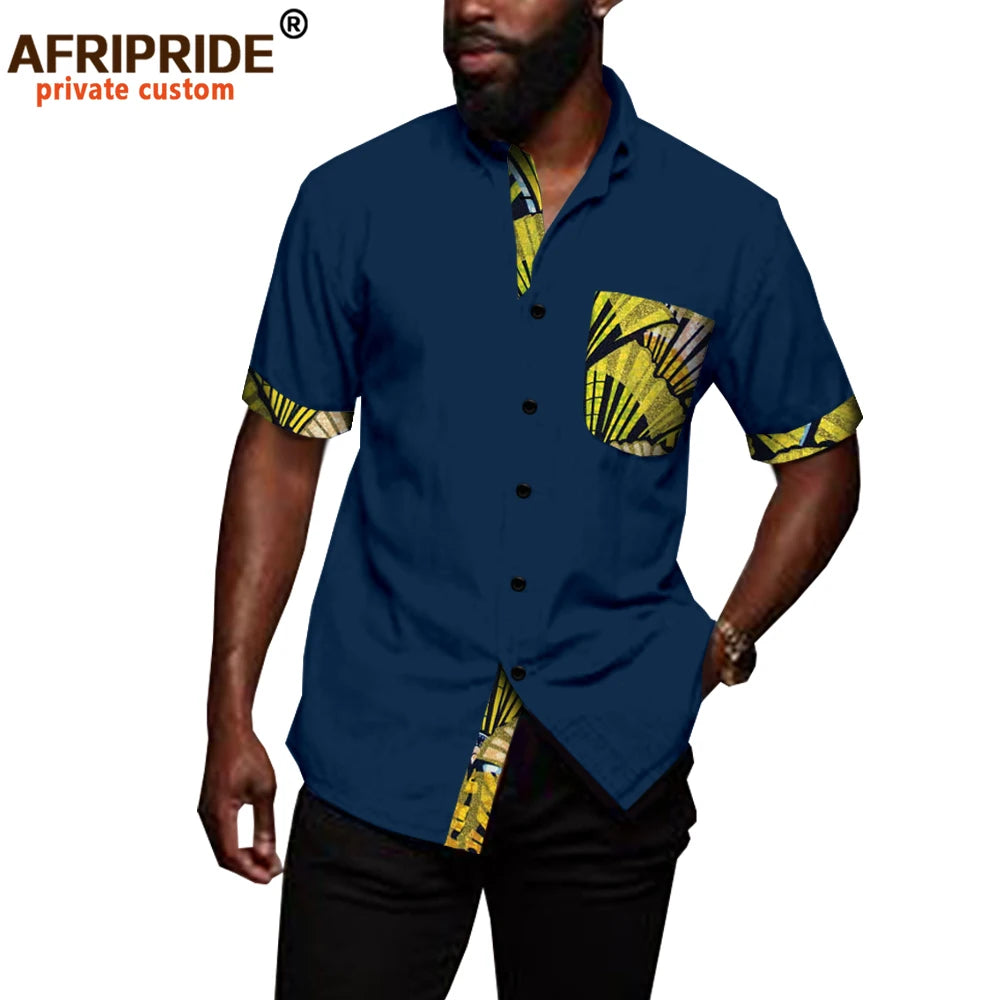African Shirts for Men Denim Thin Shirt Short Sleeve Pockets Slim Slight Elastic Jeans Cowboy Shirt Clothing Crop Top A2012006