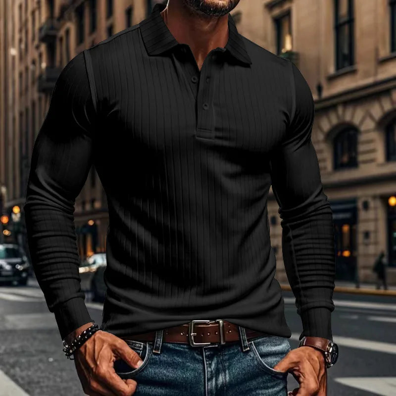 Cross-border autumn men's classic casual American lapel button-up long-sleeved T-shirt elastic pit strip polo shirt