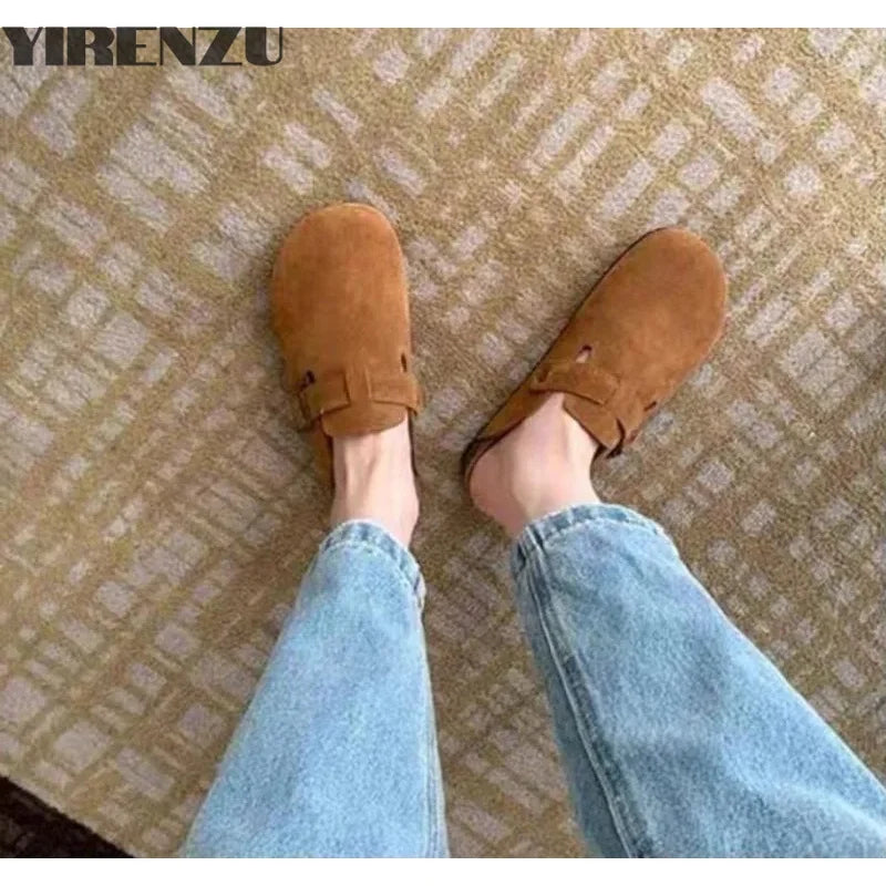 Summer Retro Birken Style Brown Faux Suede Flat Slippers Fashion Round Toe Platform Mules Outdoor Woman Soft Sole Cork Slides