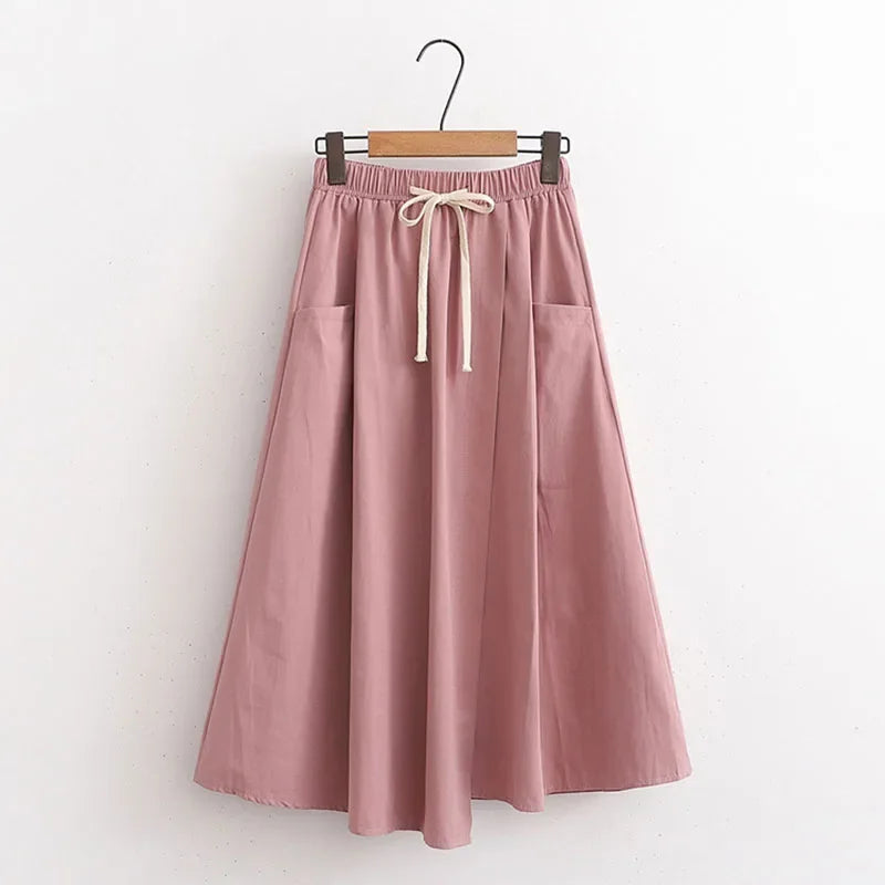 Elegant Vintage Women Skirt Summer Korean Style Solid Elastic High Waist Midi Long Skirt With Belt Female Office Ladies Wear