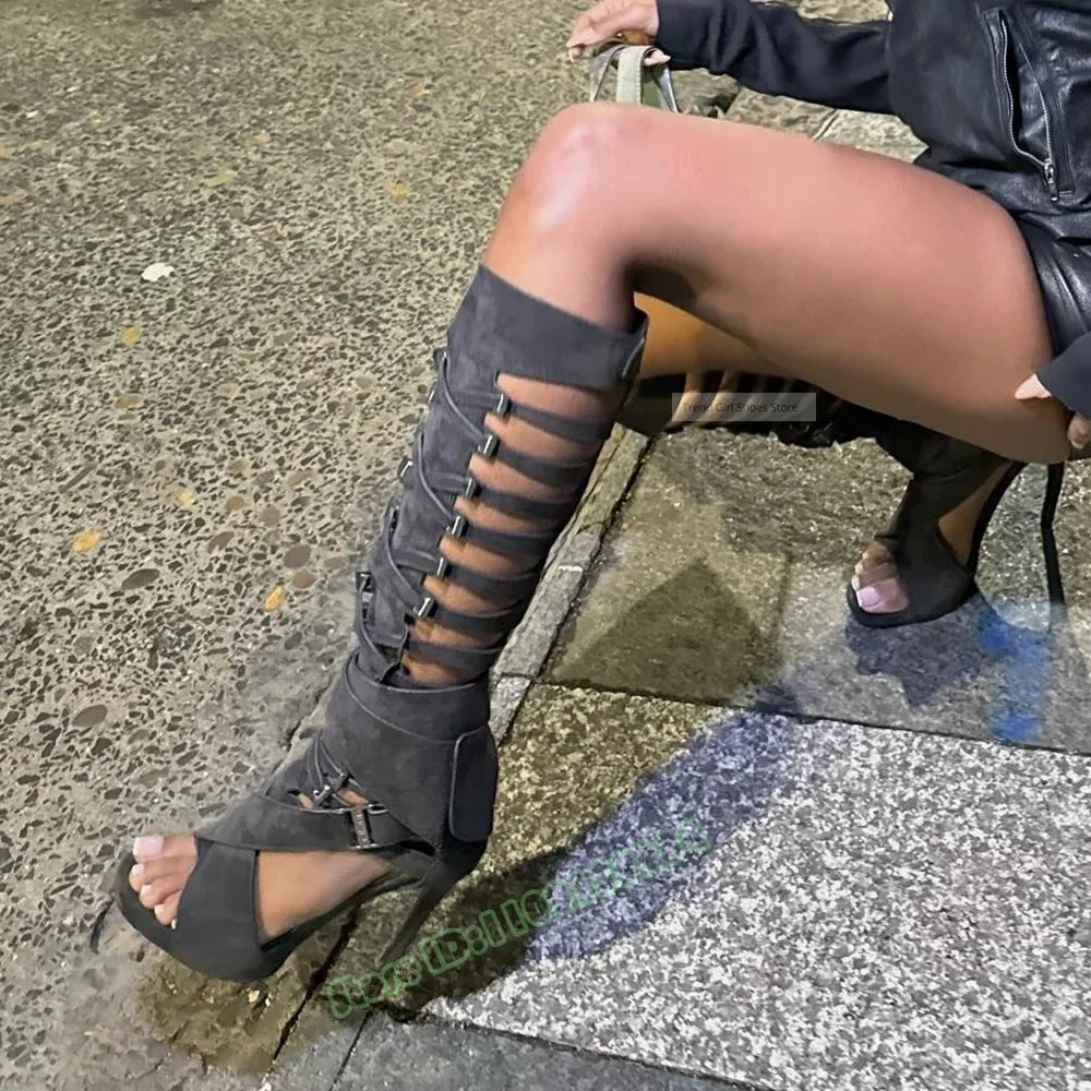 Hollow Straps Buckles Sandals Open Toe Solid Knee High Sandals Stiletto Heels Summer Women Sexy Shoes Party Casual Designer Shoe