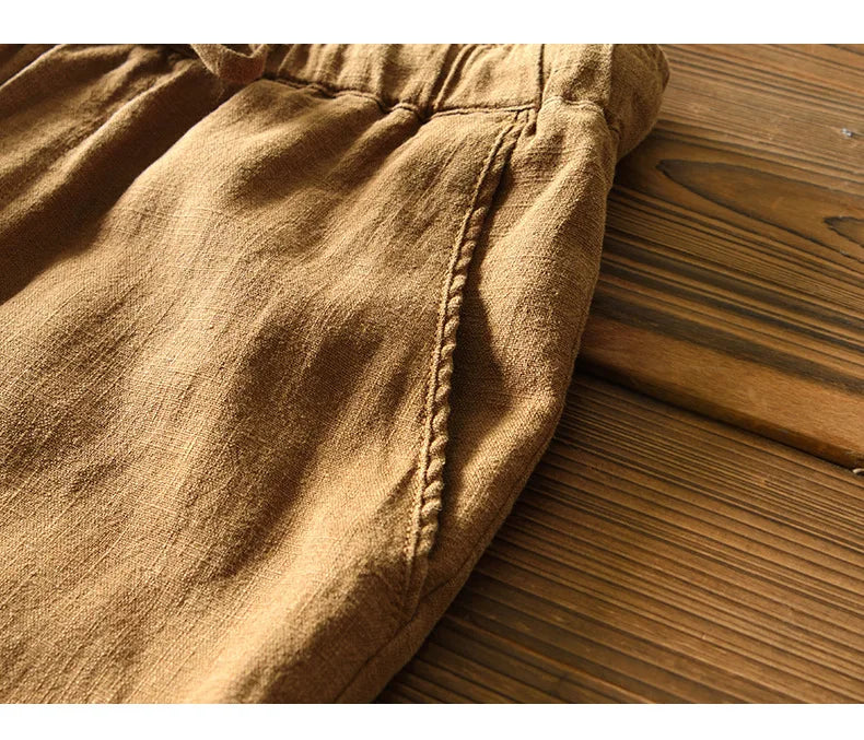 70% Linen,30% Cotton Men's Drawstring Elastic Waist Casual Pants, Straight Loose Ramie Trousers, Camping Fishing Comfortable