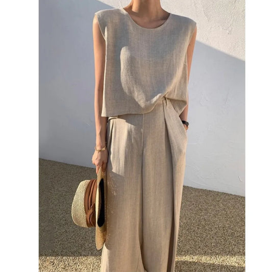 Cotton Linen Fashion Round Neck Sleeveless Vest Wide Leg Pants Two-piece Set Casual Loose Women's Set New Style