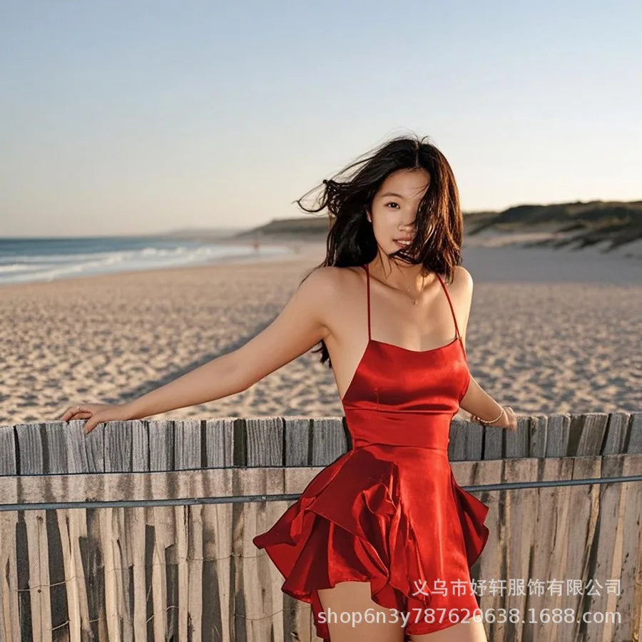 Sexy Dress Mini vestidos Elegant Bodycon Spaghetti Strap solid Color Leace-up Fashion Simple Style Banquet Backless Ruffles Slim
