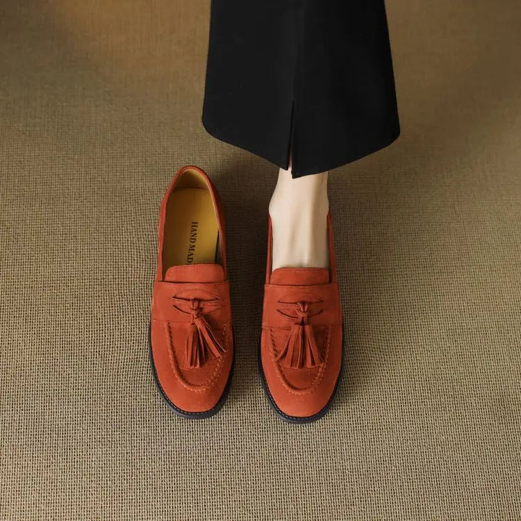 Women's loafers leather shoes Spring New Products Genuine leather sheepskin Nubuck Leather Black/Green/Orange Tassel decoration