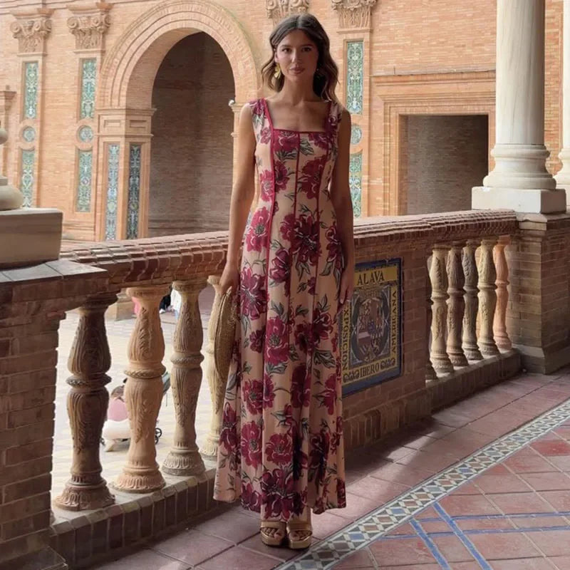 Sexy Printed Flower Long Women's Dress Sleeveless Waist-Closed Slash Neck Lady Dresses Summer Sling Vacation Holiday Robe