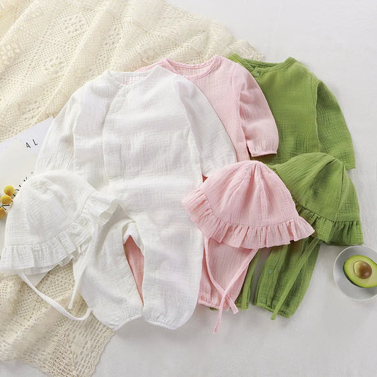 2Pcs Baby Romper Hat Muslin Toddler Outfit Set Long Sleeve Spring Summer Baby Girls Boys Clothes Newborn Jumpsuits Infant Onesi