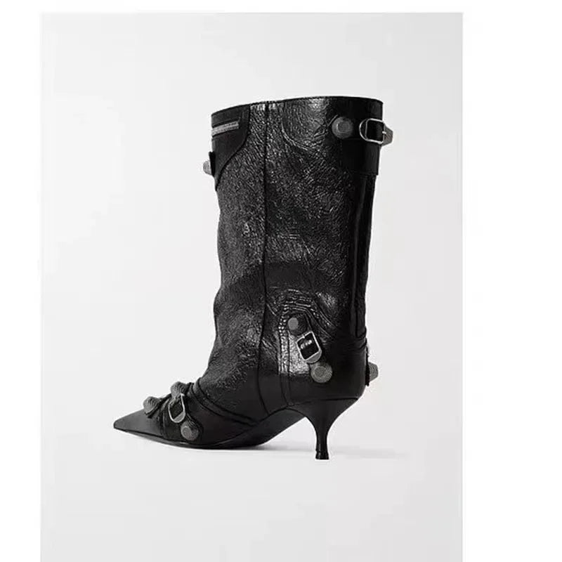 Women's Sexy Stiletto High Heels with Rivet Decoration, Wide Barrel Knee Length Boots, European and American Fashion Show Boots