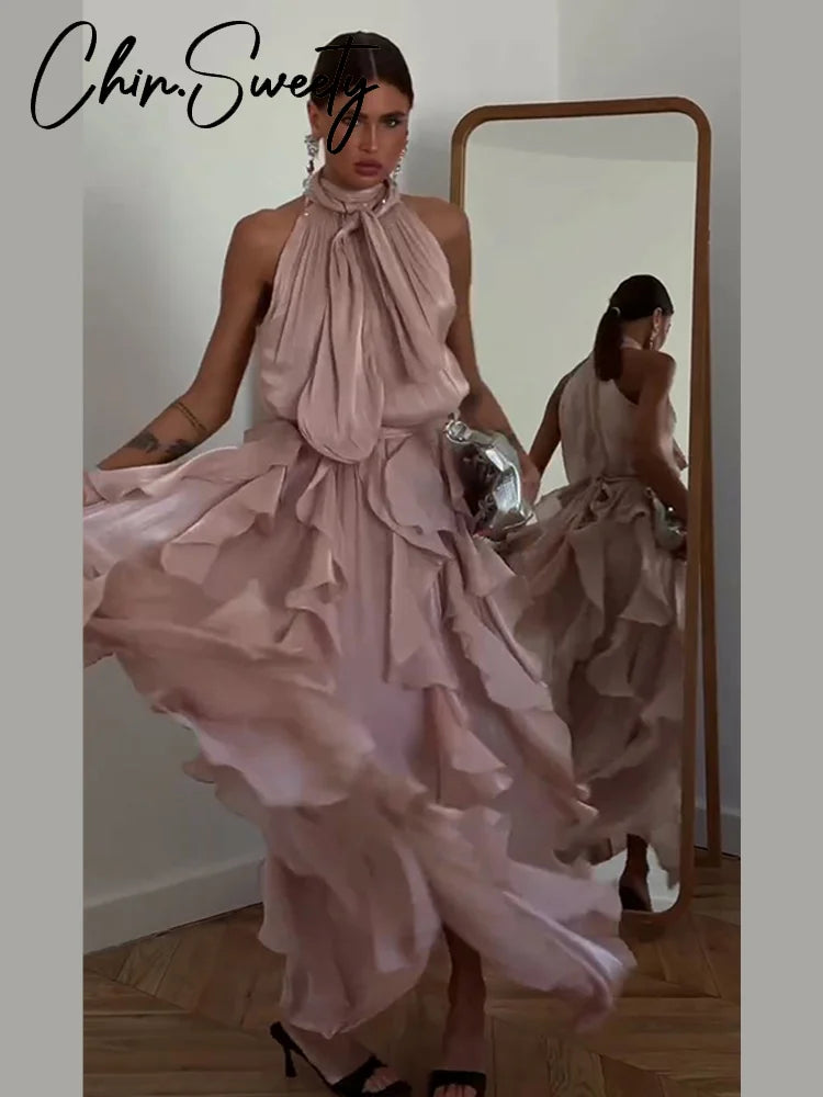 Sexy Cascading Ruffle Pleated Women Long Dress Fashion Lace Up Sleeveless Empire Female Dresses 2026 Spring Summer Lady Robe New