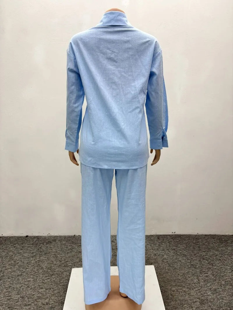 African Style Women 2 Piece Casual Outfits Blue Button Shirt & Wide Leg Pants Set Elegant Daily Streetwear Loose Loungewear