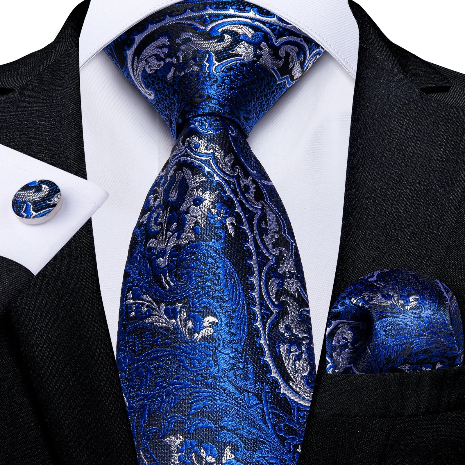 Royal Blue Paisley Plaid Striped Men tie Set with Handkerchief Cufflinks Wedding Prom Groom Accessories Perfect Gift for Men BAZAARHUBO