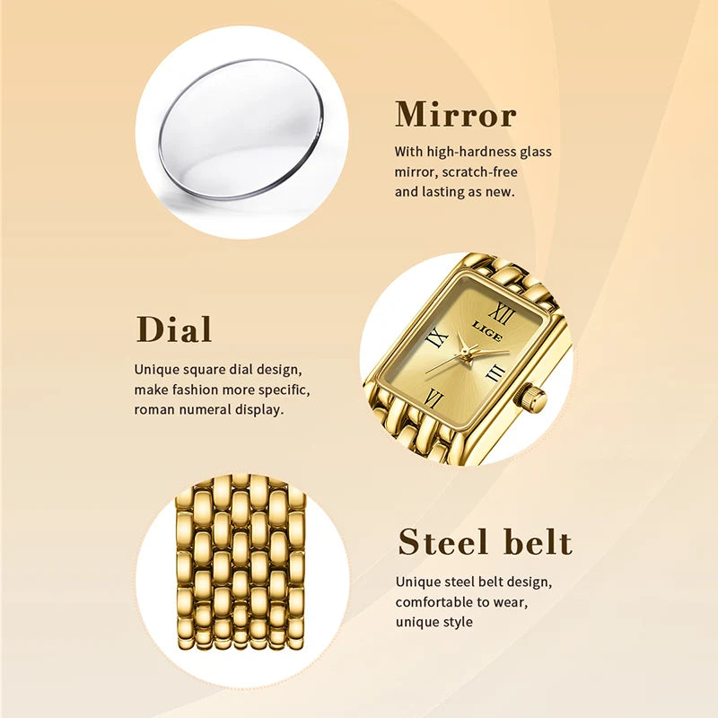 2025 LIGE New Watches Women Fashion Casual Luxury Gifts Womens Waterproof Square Dial Steel Belt Quartz Wrist Watch reloj mujer