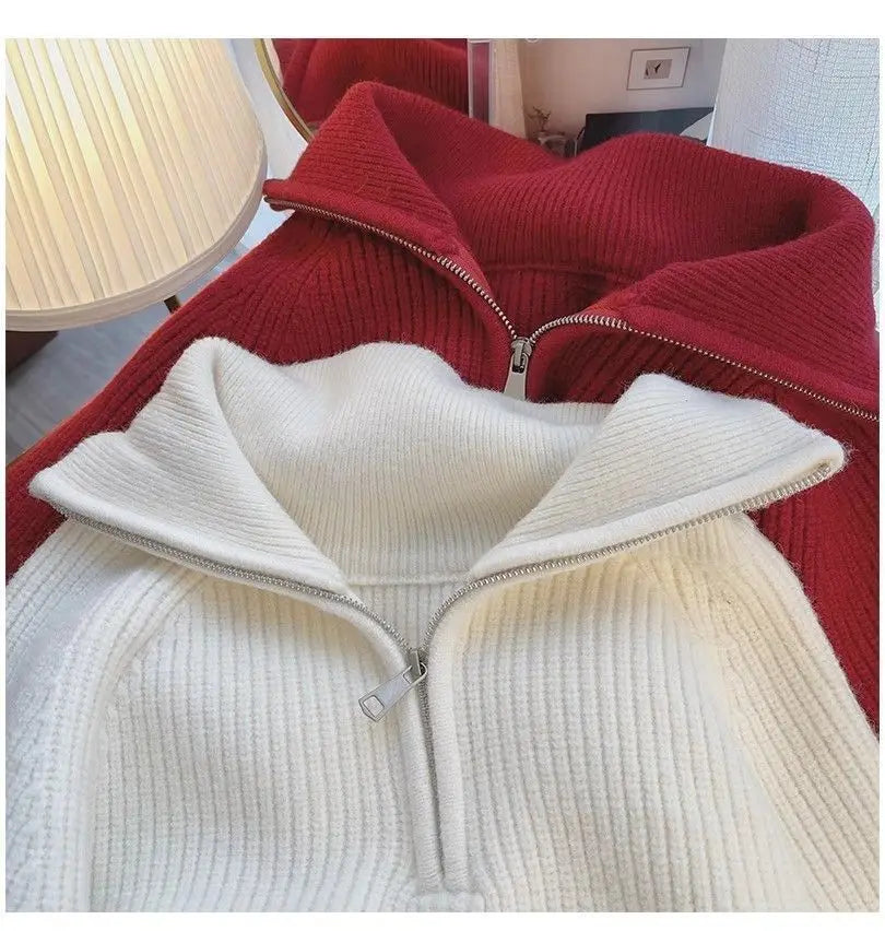 2024 Autumn New Korean Style Versatile Basics Half-zipper Loose Lapel Winter Long-sleeved Lazy Sweater Pullover Top