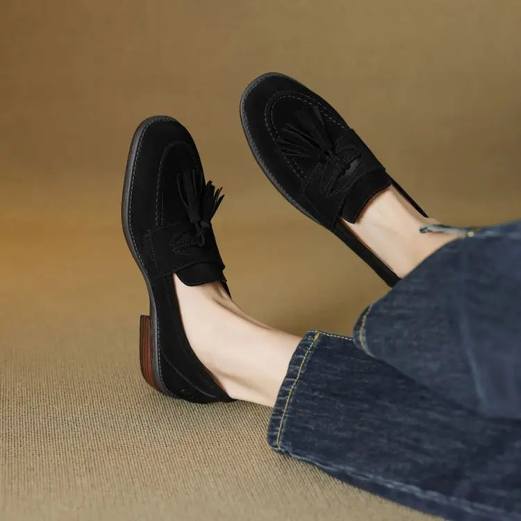 Women's loafers leather shoes Spring New Products Genuine leather sheepskin Nubuck Leather Black/Green/Orange Tassel decoration